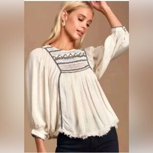 Free People Cream Boho Peasant Blouse 3/4 Sleeves Embroidered Size M Oversized